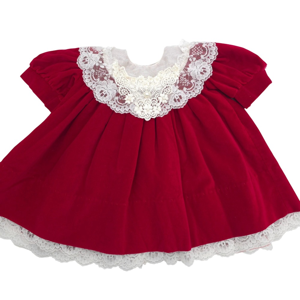 MiniWorld Baby Girl Red Velvet Lace Christmas Dress Vintage 80s Size 3 Months